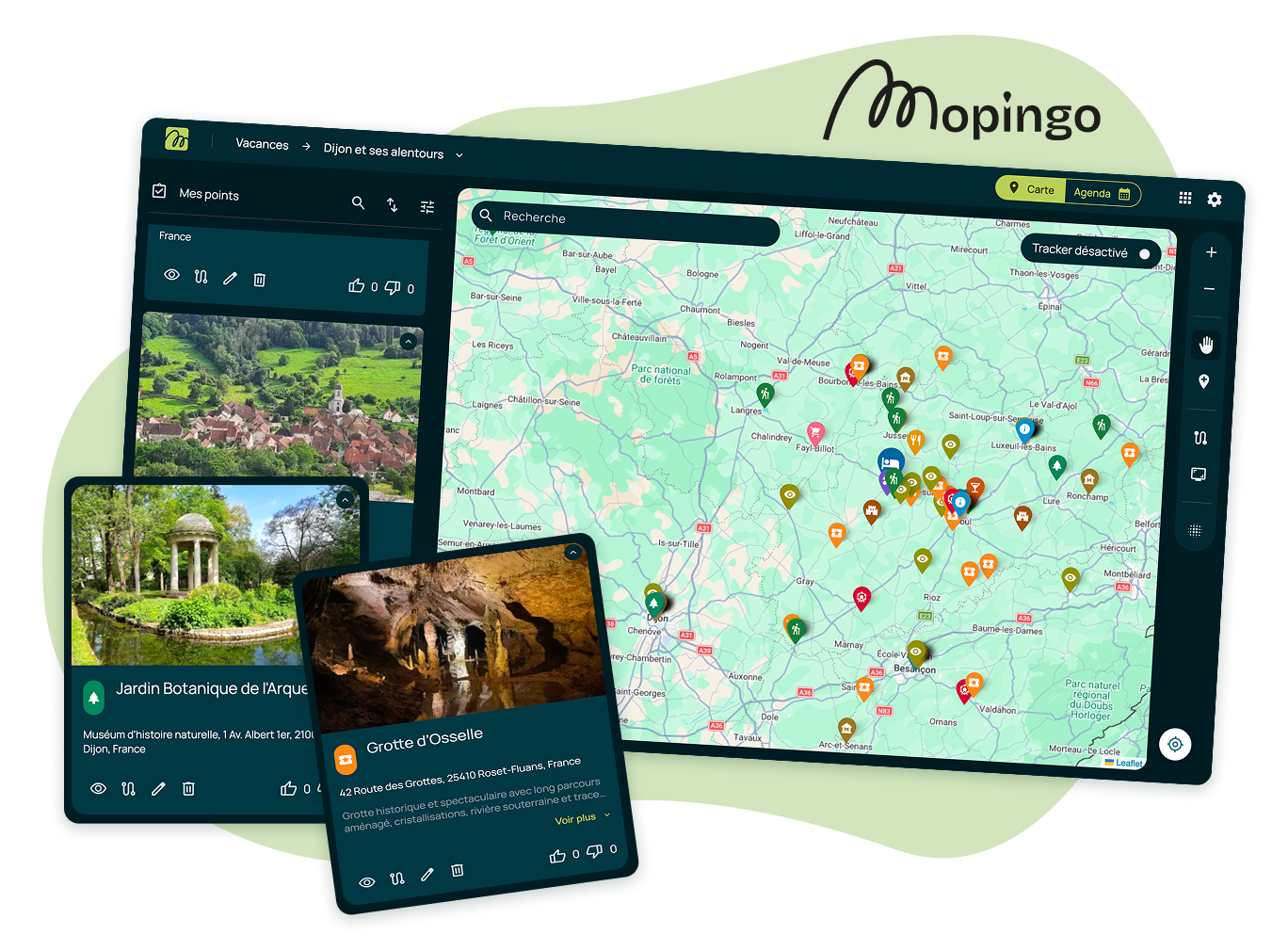 Mopingo : la carte du voyage autour de Dijon et des fiches de lieux à découvrir.