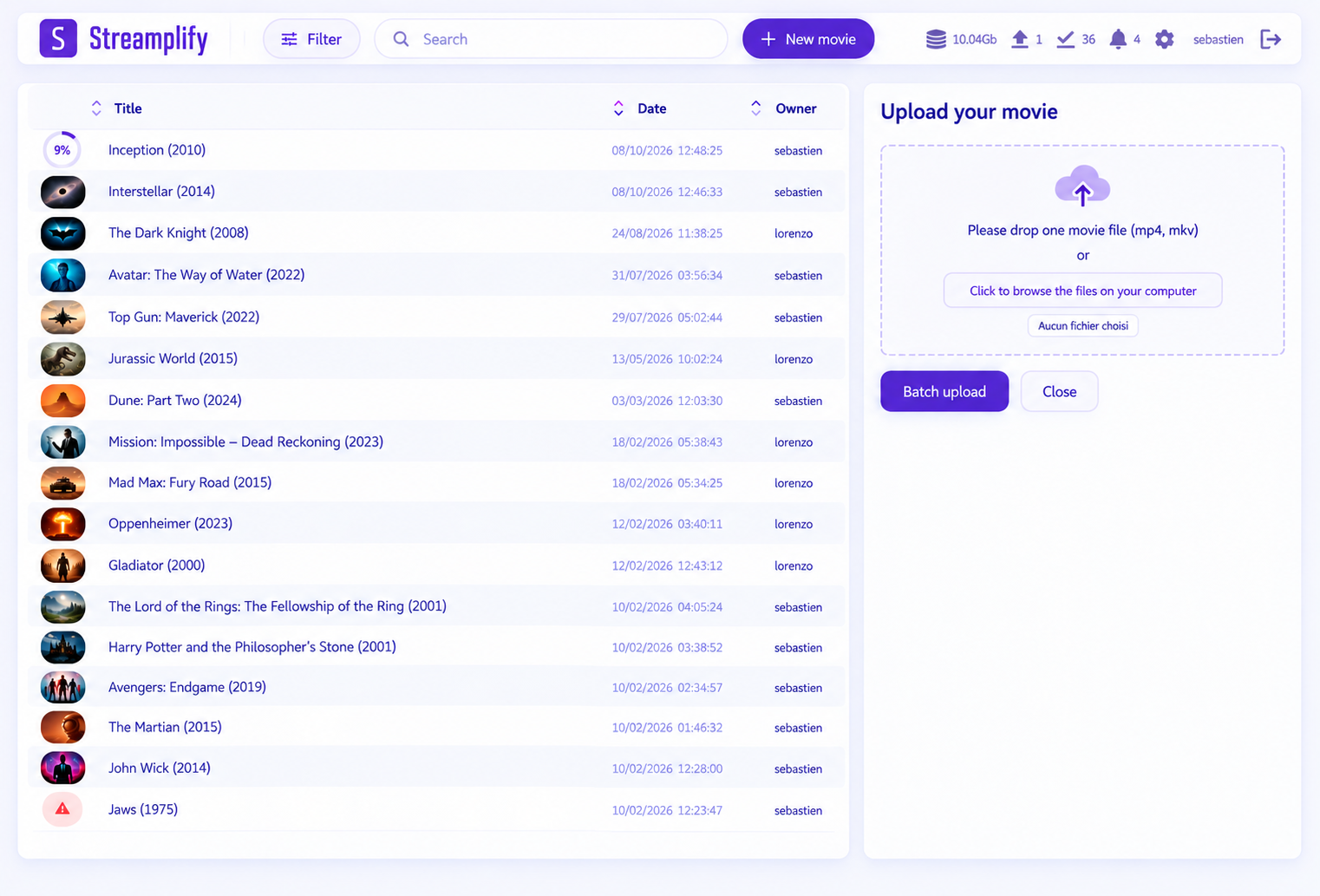 Interface Streamplify avec la liste des vidéos et le module d’import.