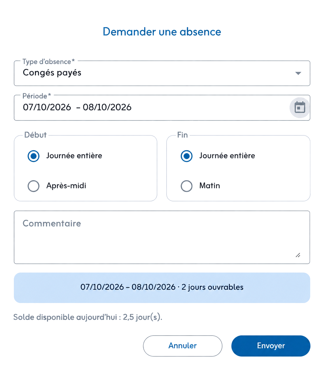 Demande de congés payés dans Time It : dates, journées entières ou demi-journées et solde disponible aujourd’hui.